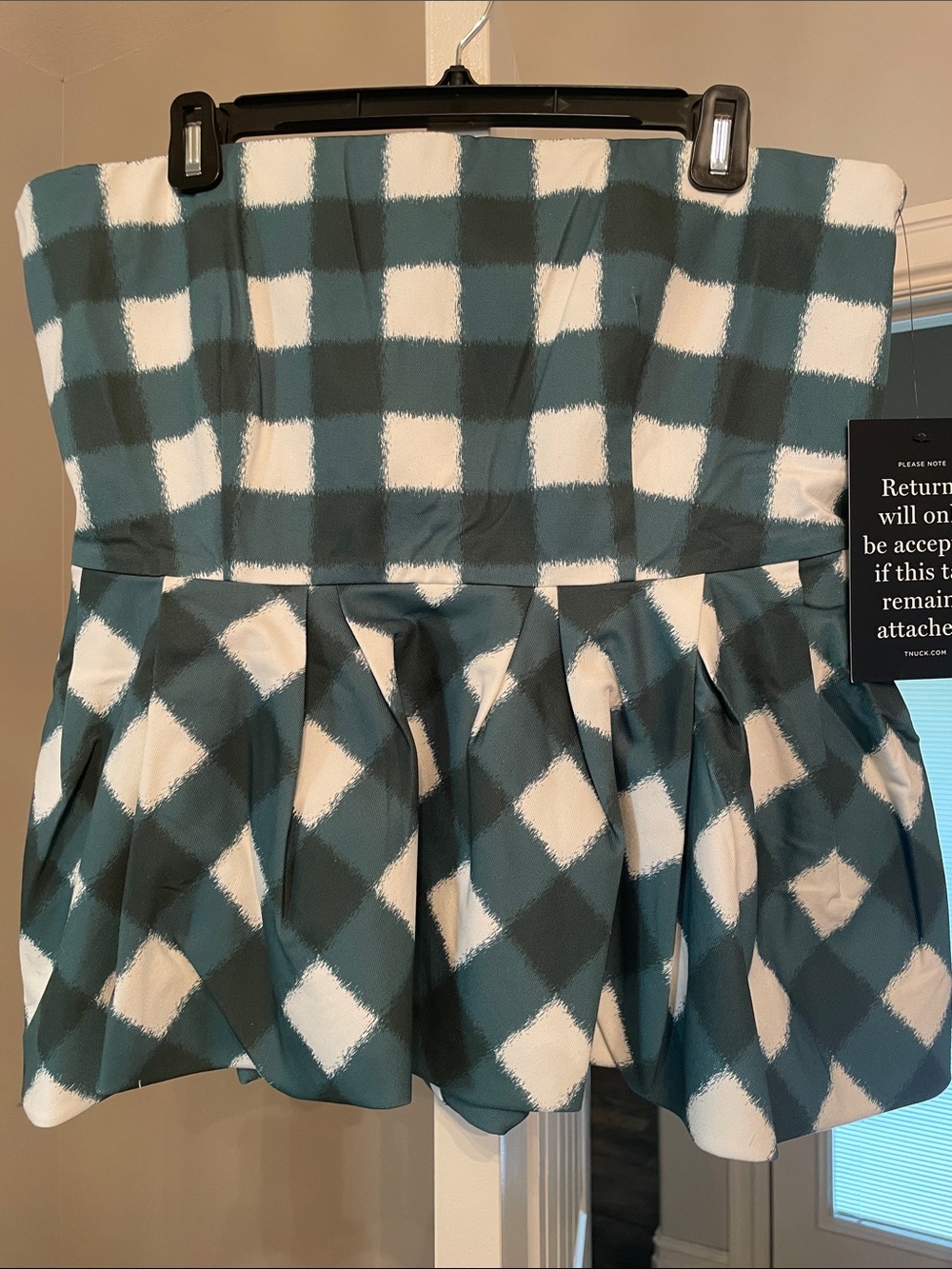 Tuckernuck Strapless Plaid Peplum top in hunter green and White